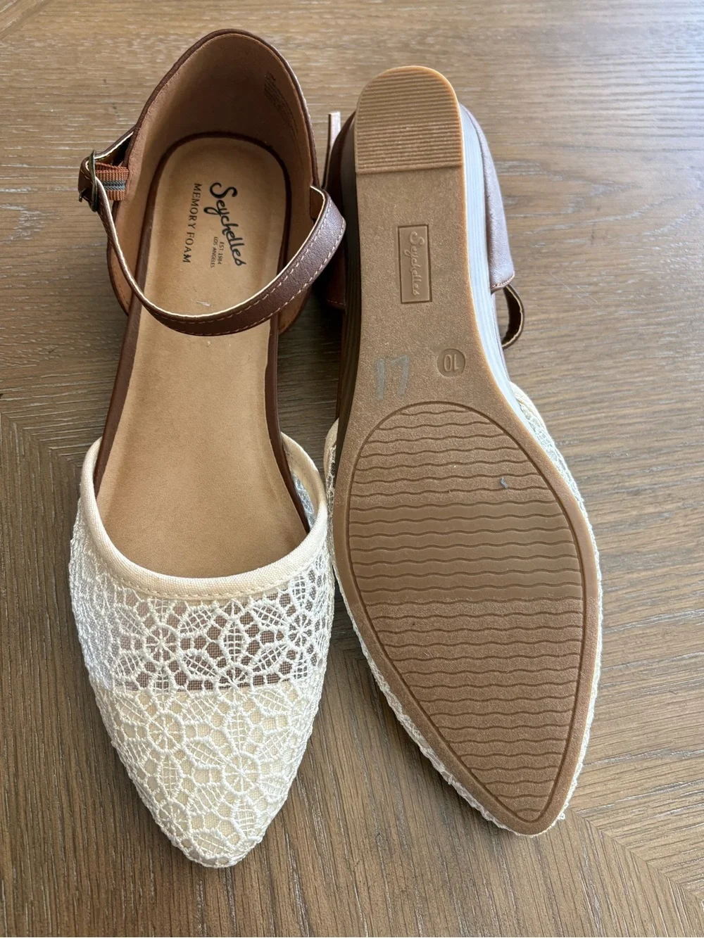 Seychelles Cream Lace Pointed-Toe Flats with Brown Ankle Straps